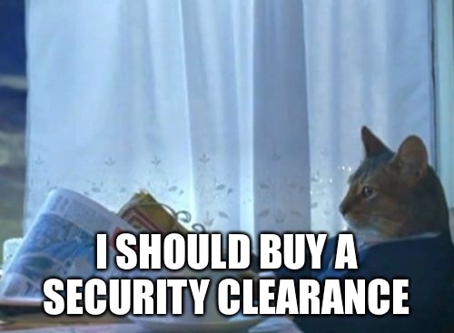 I Should Buy a Boat Cat | I SHOULD BUY A SECURITY CLEARANCE | image tagged in i should buy a boat cat | made w/ Imgflip meme maker