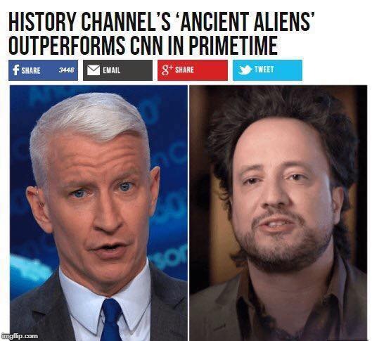 What would their ratings be if all the airports and gyms across America stopped playing CNN 24/7? | WHEN FAKE HISTORY OUT PREFORMS FAKE NEWS | image tagged in cnn,anderson cooper,ancient aliens,giorgio tsoukalos,ratings,memes | made w/ Imgflip meme maker
