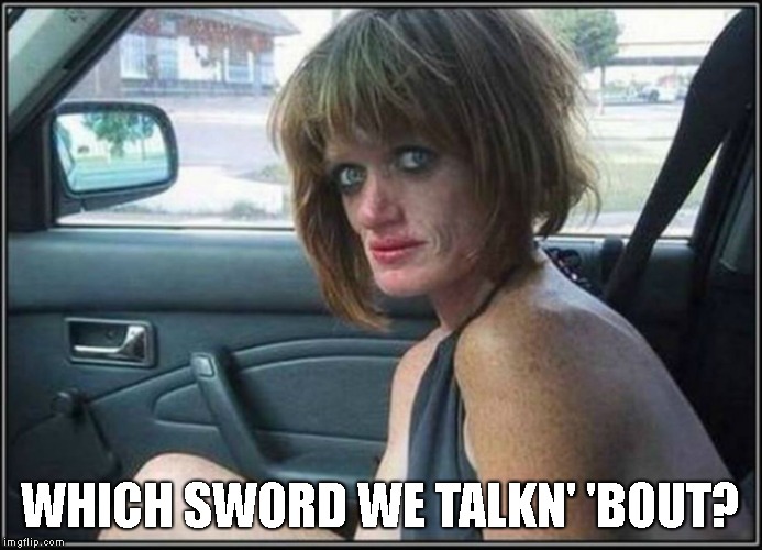 Ugly meth heroin addict Prostitute hoe in car | WHICH SWORD WE TALKN' 'BOUT? | image tagged in ugly meth heroin addict prostitute hoe in car | made w/ Imgflip meme maker