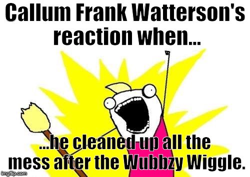 X All The Y Meme | Callum Frank Watterson's reaction when... ...he cleaned up all the mess after the Wubbzy Wiggle. | image tagged in memes,x all the y | made w/ Imgflip meme maker