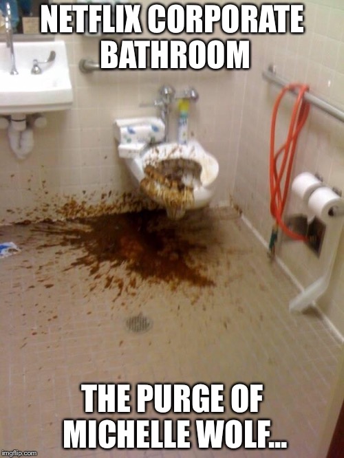 Girls poop too |  NETFLIX CORPORATE BATHROOM; THE PURGE OF MICHELLE WOLF... | image tagged in girls poop too | made w/ Imgflip meme maker