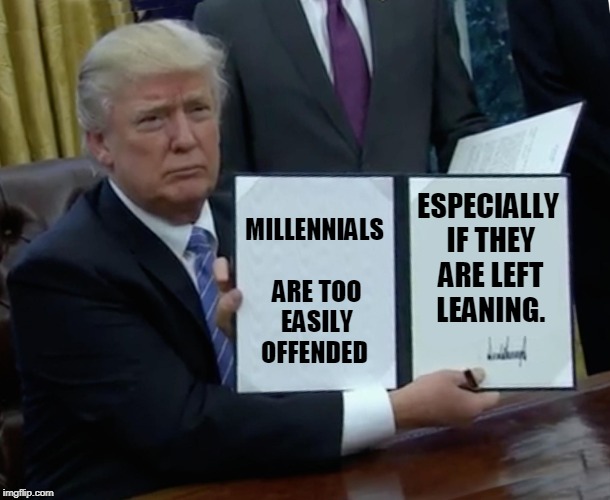 Trump Bill Signing Meme | MILLENNIALS ARE TOO EASILY OFFENDED ESPECIALLY IF THEY ARE LEFT LEANING. | image tagged in memes,trump bill signing | made w/ Imgflip meme maker