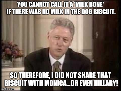 Bill Clinton Definition | YOU CANNOT CALL IT A 'MILK BONE' IF THERE WAS NO MILK IN THE DOG BISCUIT. SO THEREFORE, I DID NOT SHARE THAT BISCUIT WITH MONICA...OR EVEN HILLARY! | image tagged in bill clinton definition,bill clinton,funny memes,biscuits,memes | made w/ Imgflip meme maker