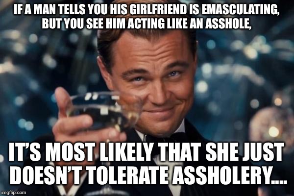 Leonardo Dicaprio Cheers | IF A MAN TELLS YOU HIS GIRLFRIEND IS EMASCULATING, BUT YOU SEE HIM ACTING LIKE AN ASSHOLE, IT’S MOST LIKELY THAT SHE JUST DOESN’T TOLERATE ASSHOLERY.... | image tagged in memes,leonardo dicaprio cheers | made w/ Imgflip meme maker