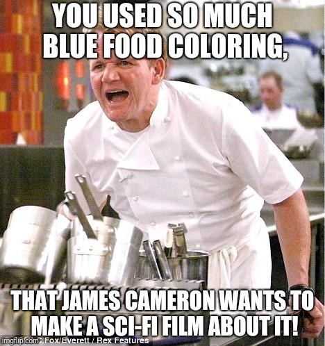 Chef Gordon Ramsay | YOU USED SO MUCH BLUE FOOD COLORING, THAT JAMES CAMERON WANTS TO MAKE A SCI-FI FILM ABOUT IT! | image tagged in memes,chef gordon ramsay | made w/ Imgflip meme maker