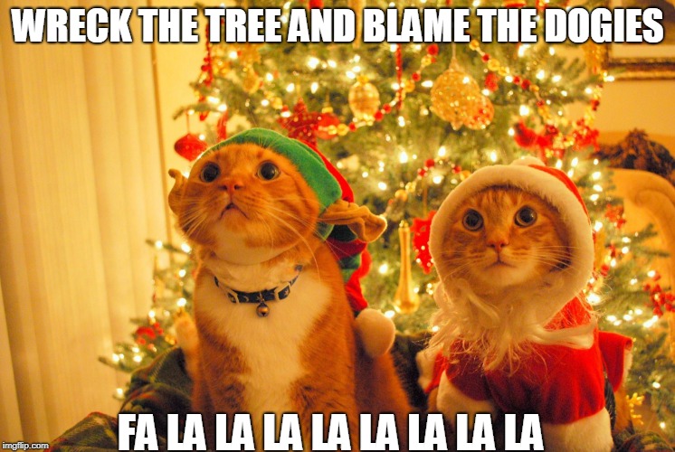 Christmas Cats hopeful | WRECK THE TREE AND BLAME THE DOGIES; FA LA LA LA LA LA LA LA LA | image tagged in christmas cats hopeful | made w/ Imgflip meme maker