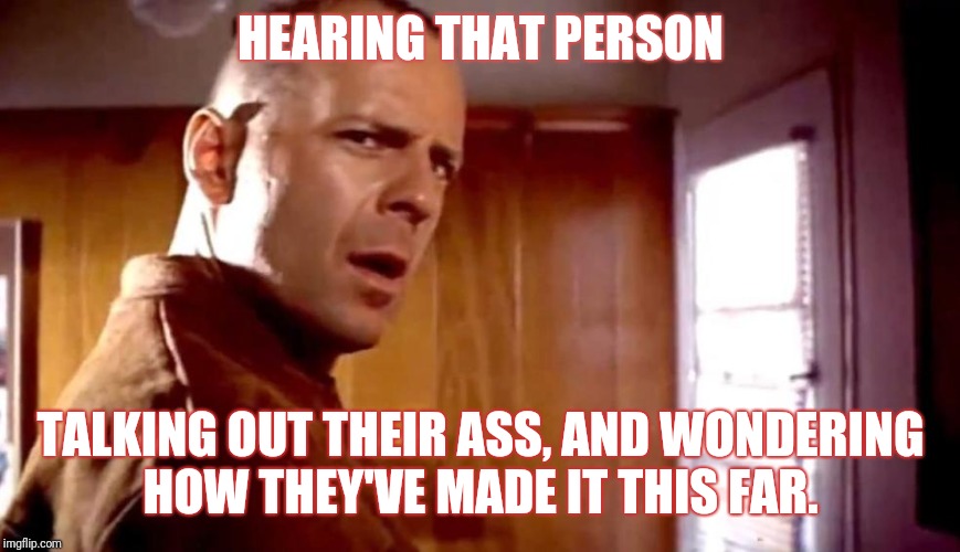 Bruce Willis dafuq | HEARING THAT PERSON; TALKING OUT THEIR ASS, AND WONDERING HOW THEY'VE MADE IT THIS FAR. | image tagged in bruce willis dafuq | made w/ Imgflip meme maker