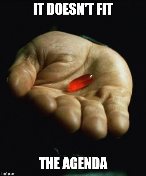 The Red Pill | IT DOESN'T FIT THE AGENDA | image tagged in the red pill | made w/ Imgflip meme maker