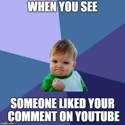 that feeling | WHEN YOU SEE; SOMEONE LIKED YOUR COMMENT ON YOUTUBE | image tagged in memes,success kid | made w/ Imgflip meme maker