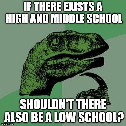 Jurassic school | IF THERE EXISTS A HIGH AND MIDDLE SCHOOL; SHOULDN'T THERE ALSO BE A LOW SCHOOL? | image tagged in memes,philosoraptor | made w/ Imgflip meme maker