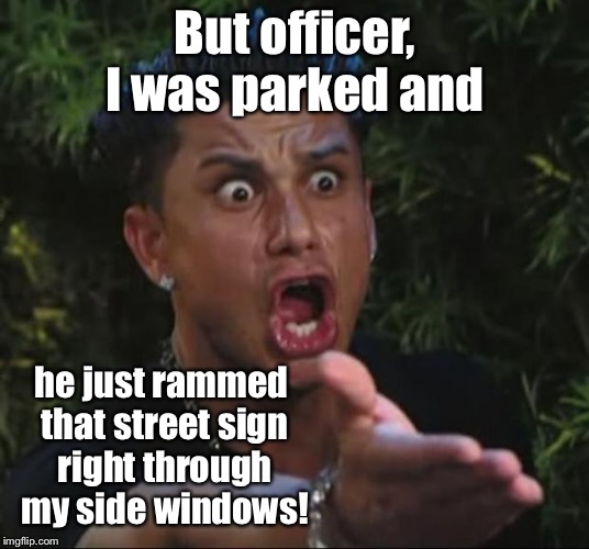 DJ Pauly D Meme | But officer, I was parked and he just rammed that street sign right through my side windows! | image tagged in memes,dj pauly d | made w/ Imgflip meme maker