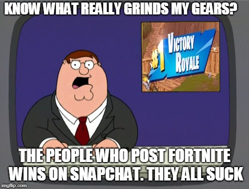 Peter Griffin News | KNOW WHAT REALLY GRINDS MY GEARS? THE PEOPLE WHO POST FORTNITE WINS ON SNAPCHAT. THEY ALL SUCK | image tagged in memes,peter griffin news | made w/ Imgflip meme maker