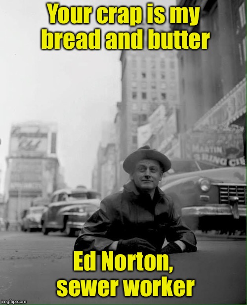 From the land down under | Your crap is my bread and butter; Ed Norton, sewer worker | image tagged in memes,sewer,bad pun | made w/ Imgflip meme maker