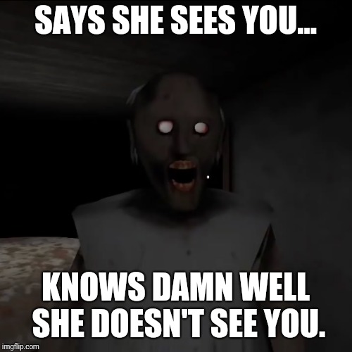 Granny horror game meme | SAYS SHE SEES YOU... KNOWS DAMN WELL SHE DOESN'T SEE YOU. | image tagged in memes,scary,granny,horror,video games | made w/ Imgflip meme maker