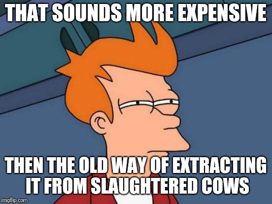 THAT SOUNDS MORE EXPENSIVE THEN THE OLD WAY OF EXTRACTING IT FROM SLAUGHTERED COWS | image tagged in memes,futurama fry | made w/ Imgflip meme maker