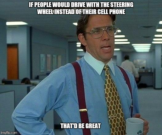 That Would Be Great | IF PEOPLE WOULD DRIVE WITH THE STEERING WHEEL INSTEAD OF THEIR CELL PHONE; THAT'D BE GREAT | image tagged in memes,that would be great | made w/ Imgflip meme maker