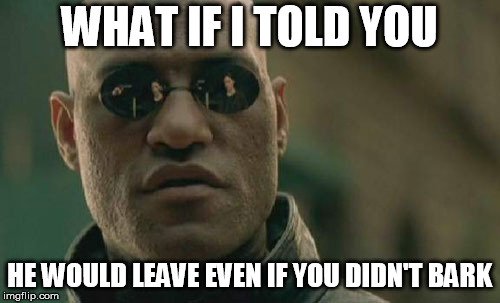 Matrix Morpheus Meme | WHAT IF I TOLD YOU HE WOULD LEAVE EVEN IF YOU DIDN'T BARK | image tagged in memes,matrix morpheus | made w/ Imgflip meme maker