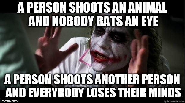 nobody bats an eye | A PERSON SHOOTS AN ANIMAL AND NOBODY BATS AN EYE; A PERSON SHOOTS ANOTHER PERSON AND EVERYBODY LOSES THEIR MINDS | image tagged in nobody bats an eye,murder,animal,shooting,shoot,guns | made w/ Imgflip meme maker