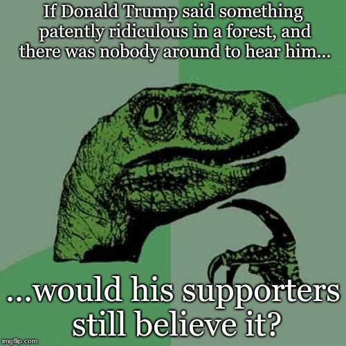 Philosoraptor | If Donald Trump said something patently ridiculous in a forest, and there was nobody around to hear him... ...would his supporters still believe it? | image tagged in memes,philosoraptor | made w/ Imgflip meme maker