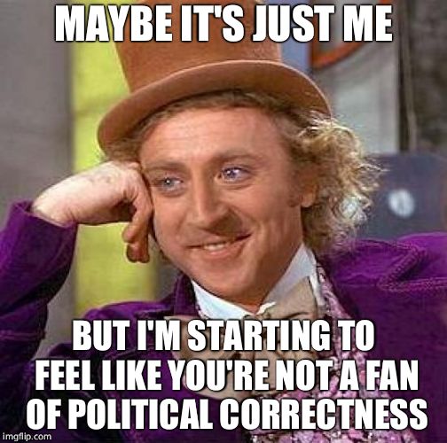 Creepy Condescending Wonka Meme | MAYBE IT'S JUST ME BUT I'M STARTING TO FEEL LIKE YOU'RE NOT A FAN OF POLITICAL CORRECTNESS | image tagged in memes,creepy condescending wonka | made w/ Imgflip meme maker