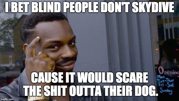 Roll Safe Think About It | I BET BLIND PEOPLE DON'T SKYDIVE; CAUSE IT WOULD SCARE THE SHIT OUTTA THEIR DOG. | image tagged in memes,roll safe think about it | made w/ Imgflip meme maker