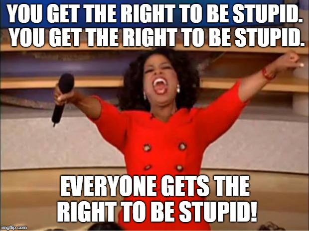 Oprah You Get A Meme | YOU GET THE RIGHT TO BE STUPID. YOU GET THE RIGHT TO BE STUPID. EVERYONE GETS THE RIGHT TO BE STUPID! | image tagged in memes,oprah you get a | made w/ Imgflip meme maker