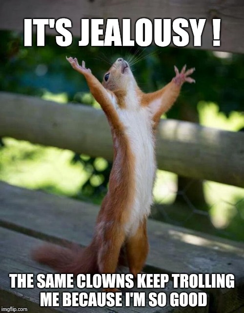 I must be good , I have my own personal Troll | IT'S JEALOUSY ! THE SAME CLOWNS KEEP TROLLING ME BECAUSE I'M SO GOOD | image tagged in happy squirrel,jealousy,greatest,aint nobody got time for that,alt using trolls | made w/ Imgflip meme maker