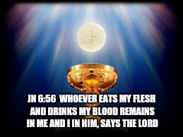 Body and Blood | JN 6:56

WHOEVER EATS MY FLESH AND DRINKS MY BLOOD
REMAINS IN ME AND I IN HIM, SAYS THE LORD | image tagged in catholic,christianity,eating,drinking,blood,heaven | made w/ Imgflip meme maker