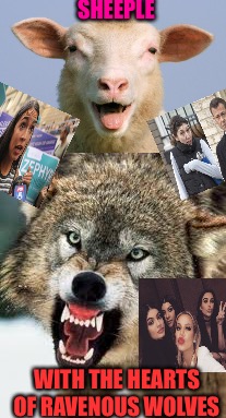 Wolves In Sheeps Clothing  | SHEEPLE; WITH THE HEARTS OF RAVENOUS WOLVES | image tagged in wolves,evil,sheep,sheeple,satanism,soros | made w/ Imgflip meme maker