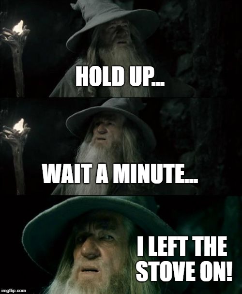 Confused Gandalf | HOLD UP... WAIT A MINUTE... I LEFT THE STOVE ON! | image tagged in memes,confused gandalf | made w/ Imgflip meme maker