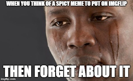 hide the pain. | WHEN YOU THINK OF A SPICY MEME TO PUT ON IMGFLIP; THEN FORGET ABOUT IT | image tagged in crying,hide the pain,memes | made w/ Imgflip meme maker