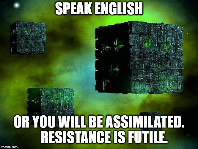 borg cubes | SPEAK ENGLISH OR YOU WILL BE ASSIMILATED.    RESISTANCE IS FUTILE. | image tagged in borg cubes | made w/ Imgflip meme maker