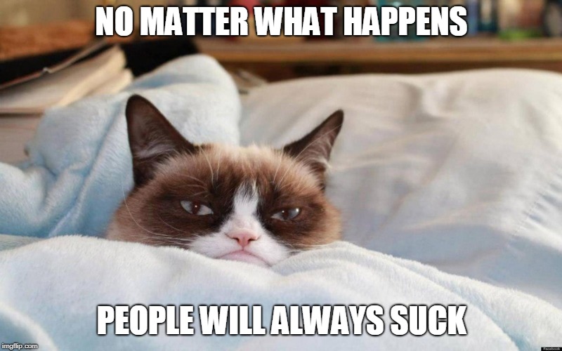 grumpy cat bed | NO MATTER WHAT HAPPENS PEOPLE WILL ALWAYS SUCK | image tagged in grumpy cat bed | made w/ Imgflip meme maker