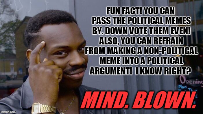 True story! Political Memes can only ruin your meme browsing experience if you allow them to do so.  | FUN FACT! YOU CAN PASS THE POLITICAL MEMES BY. DOWN VOTE THEM EVEN! ALSO, YOU CAN REFRAIN FROM MAKING A NON-POLITICAL MEME INTO A POLITICAL ARGUMENT!  I KNOW RIGHT? MIND. BLOWN. | image tagged in memes,roll safe think about it,nixieknox | made w/ Imgflip meme maker