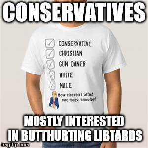 Proud Conservative Values Man | CONSERVATIVES MOSTLY INTERESTED IN BUTTHURTING LIBTARDS | image tagged in proud conservative values man | made w/ Imgflip meme maker