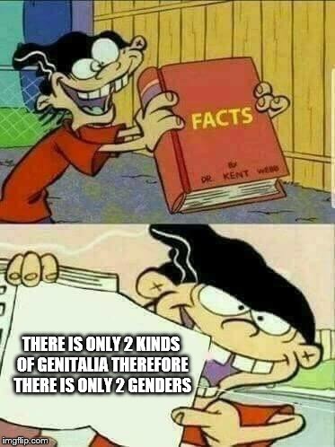 Double d facts book  | THERE IS ONLY 2 KINDS OF GENITALIA THEREFORE THERE IS ONLY 2 GENDERS | image tagged in double d facts book,2 genders | made w/ Imgflip meme maker