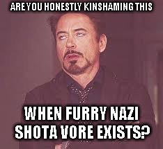 sigh | ARE YOU HONESTLY KINSHAMING THIS WHEN FURRY NAZI SHOTA VORE EXISTS? | image tagged in sigh | made w/ Imgflip meme maker