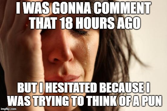 First World Problems Meme | I WAS GONNA COMMENT THAT 18 HOURS AGO BUT I HESITATED BECAUSE I WAS TRYING TO THINK OF A PUN | image tagged in memes,first world problems | made w/ Imgflip meme maker