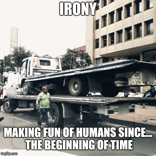IRONY; MAKING FUN OF HUMANS SINCE... THE BEGINNING OF TIME | image tagged in double tow / irony kind of | made w/ Imgflip meme maker