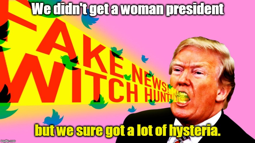 We were told only women talked emotional nonsense. Obviously not. | We didn't get a woman president; but we sure got a lot of hysteria. | image tagged in trump,fake news,witch hunt,nonsense | made w/ Imgflip meme maker