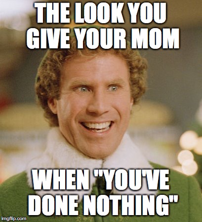 Buddy The Elf | THE LOOK YOU GIVE YOUR MOM; WHEN "YOU'VE DONE NOTHING" | image tagged in memes,buddy the elf | made w/ Imgflip meme maker