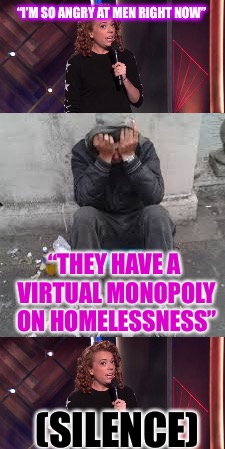 “The Homeless” 80% Men | “I’M SO ANGRY AT MEN RIGHT NOW”; “THEY HAVE A VIRTUAL MONOPOLY ON HOMELESSNESS”; (SILENCE) | image tagged in men,women,michelle wolf,bad pun,feminism,feminist | made w/ Imgflip meme maker