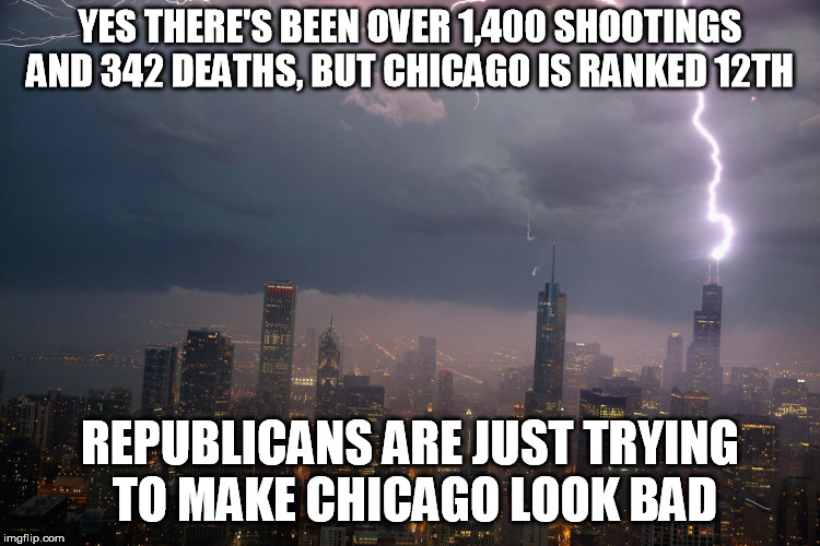 YES THERE'S BEEN OVER 1,400 SHOOTINGS AND 342 DEATHS, BUT CHICAGO IS RANKED 12TH REPUBLICANS ARE JUST TRYING TO MAKE CHICAGO LOOK BAD | made w/ Imgflip meme maker