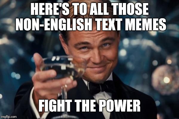 Leonardo Dicaprio Cheers | HERE'S TO ALL THOSE NON-ENGLISH TEXT MEMES; FIGHT THE POWER | image tagged in memes,leonardo dicaprio cheers | made w/ Imgflip meme maker