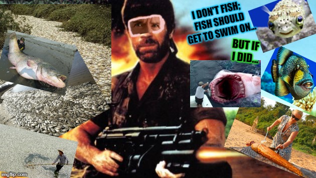 Chuck Norris MIA | I DON'T FISH; FISH SHOULD GET TO SWIM ON... BUT IF I DID... | image tagged in chuck norris mia | made w/ Imgflip meme maker