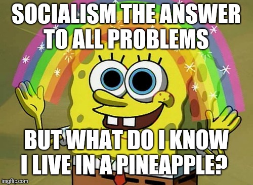 Imagination Spongebob Meme | SOCIALISM THE ANSWER TO ALL PROBLEMS; BUT WHAT DO I KNOW I LIVE IN A PINEAPPLE? | image tagged in memes,imagination spongebob | made w/ Imgflip meme maker