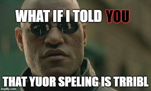Matrix Morpheus | YOU; WHAT IF I TOLD; THAT YUOR SPELING IS TRRIBL | image tagged in memes,matrix morpheus | made w/ Imgflip meme maker
