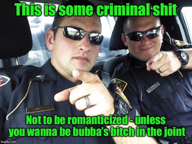 Cops | This is some criminal shit Not to be romanticized - unless you wanna be bubba’s b**ch in the joint | image tagged in cops | made w/ Imgflip meme maker