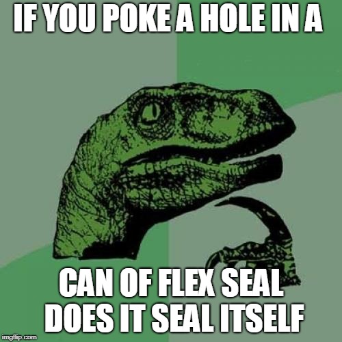Philosoraptor Meme | IF YOU POKE A HOLE IN A; CAN OF FLEX SEAL DOES IT SEAL ITSELF | image tagged in memes,philosoraptor | made w/ Imgflip meme maker