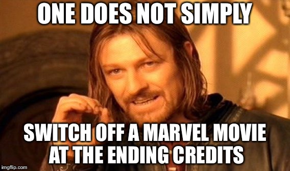 One Does Not Simply | ONE DOES NOT SIMPLY; SWITCH OFF A MARVEL MOVIE AT THE ENDING CREDITS | image tagged in memes,one does not simply | made w/ Imgflip meme maker